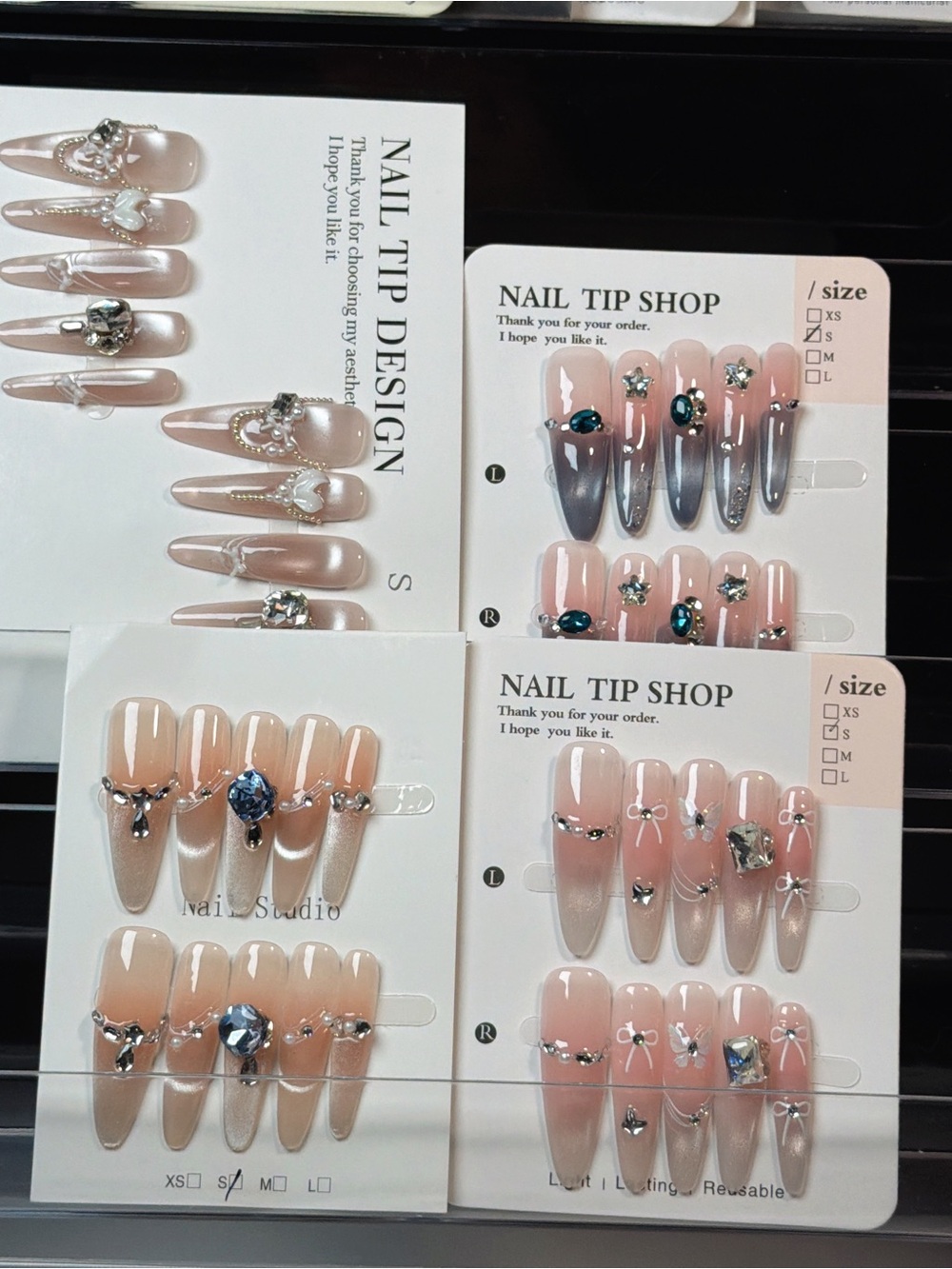 Nail Tip Set with Pink and Silver Embellishments -